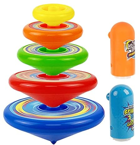 IMIKEYA Toupies pour Enfants Ensemble De 5 Jouets Gyroscopiques Empilables avec 2 Lanceurs Arène De Combat Colorée Développement Coordination Œil-Main Jeu Éducatif