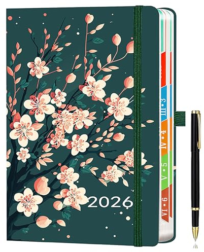 Diario 2026 A5, día por página, planificador anual con pestañas coloridas, soporte elástico para bolígrafo, 2 marcadores, lazo y bolsillo interior, verde oscuro.