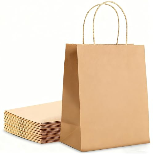 GiftFeel 10 unidades de bolsas de papel kraft marrón con asas (18×22×8 cm, 0,15 mm de grosor) – Bolsas de regalo premium duraderas para cumpleaños, Navidad, bodas, compras, venta al por menor