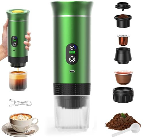 VHV Cafetière Portable 3 en 1,Rechargeable Cafetière Portable de Voyage,12V Expresso Machine a Cafe pour Capsule,Café Moulu,pour Camping,Voyage,Bureau,Voiture,Maison (Vert)