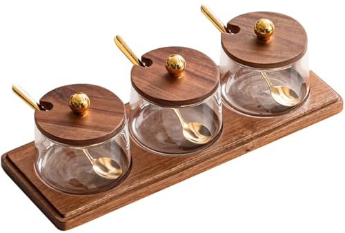 ANQIA Condiment Containers Set with Acacia Wood Lids and Tray Seasoning Box Condiment Pots Jars with Spoons for Spice Salt Sugar Cruet (Gold Top, 3 Jars with Tray)