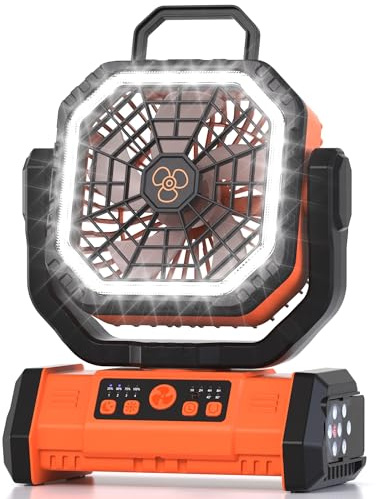 Honesorn Portable Rechargeable Fan 20000mAh, Camping Fan with LED Light & Remote, USB C Cordless Battery Powered, 4 Speeds Timer Hanging Hook for Travel Tent Outdoor Essentials - Orange