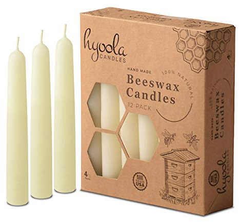 Hyoola 4 Beeswax Taper Candles 12 Pack - Handmade, All Natural, 100% Pure Unscented Bee Wax Candle - Tall, Decorative, White 4 Hour Burn Time