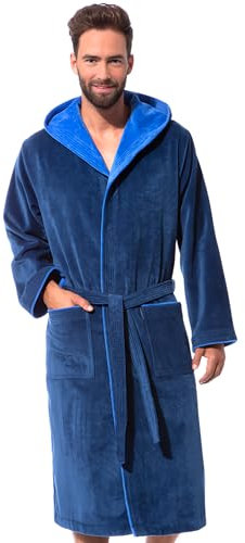 Morgenstern Bademantel Herren Kapuze 100% Baumwolle Frottee OEKO-TEX Velours Morgenmantel Lang Finn Blau XL