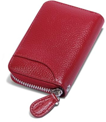 RFID Blocking Leather Wallet for Women,Excellent Women's Genuine Leather Credit Card Holder Ladies Small Blocked Accordion Wallets with Stainless steel Zipper Compact Accordian ID Cards bag Wine Red