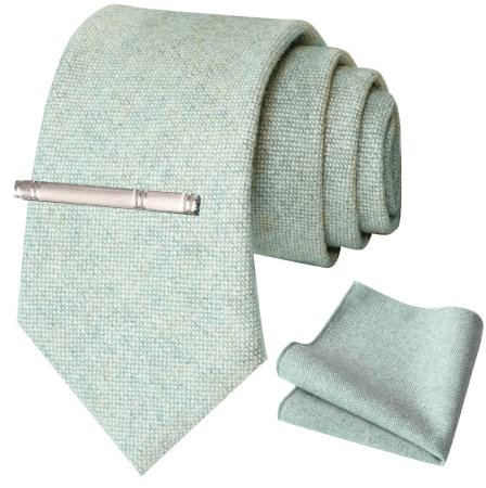 JEMYGINS Kaschmir Wolle Hellgrün Krawatte und Einstecktuch Krawattenklammer Sets Schwarz Krawatten für Herren(3)