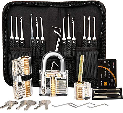 Loboo Idea - Set di grimaldelli, 17 pezzi, carta di credito, set da 5 grimaldelli, 3 lucchetti trasparenti, ottimo kit per fabbri principianti