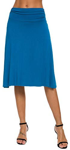 Dam elegant ledig elastisk midi yoga kjol medium veckad midja A-linje kjol, Stål Blå, M
