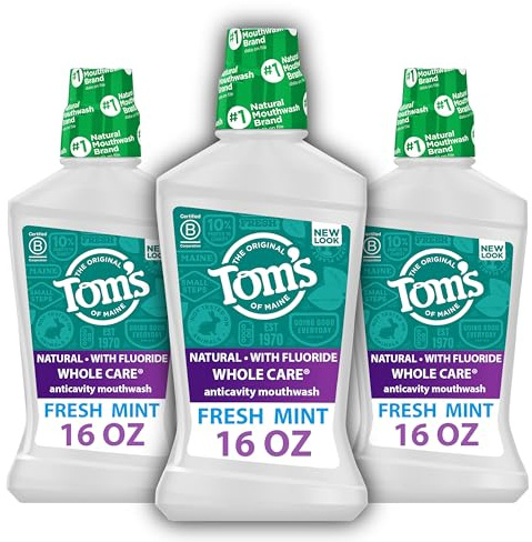 Tom's Of Maine Whole Care Natural Fluoride Mouthwash, Fresh Mint, 16 Oz (Pack of 3) (Packaging May Vary)