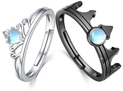 Anello Coppia lui e lei in argento sterling 925 Anello Corona con Pietra di Luna per Uomo Donna Anello Aperto Regolabile per Coppia