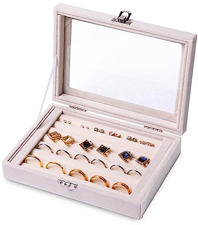 Frebeauty Bandeja pendientes y anillos 7 ranuras, tapa transparente