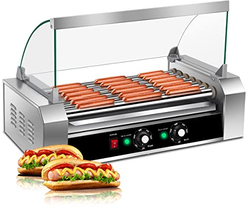 KOTEK Hot Dog Roller Machine, 18 Hot Dog and 7 Non-Stick Roller, Sausage Grill Cooker Machine with Glass Cover, Drip Tray, Dual Temperature Control for Commercial and Household Use (7 Rollers)