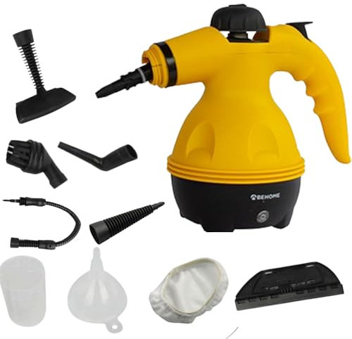 BEHOME Dampfreiniger handgerät, 9 Zubehörteile zur Schmutzentfernung, Dampfreiniger für alles Auto, Küche, Bad, Dampfreiniger Polstermöbel, gelb