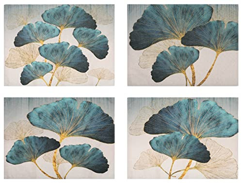 Tischsets Café Esstisch Platzsets Farmhouse Petrol Gold Ginkgo Biloba Muster Waschbare Platzset Esszimmer Leinen Türkis Platzmatten Tischdekorations Platzdeckchen 45x32cm