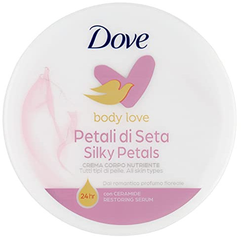 Dove Crema Corpo Petali di Seta, Crema Corpo Nutriente per Tutti i Tipi di Pelle, Pelle Profumata e Liscia Effetto Seta per 24h, con Ceramide Restoring Serum, Dermatologicamente Testata, 300ml, 1 item