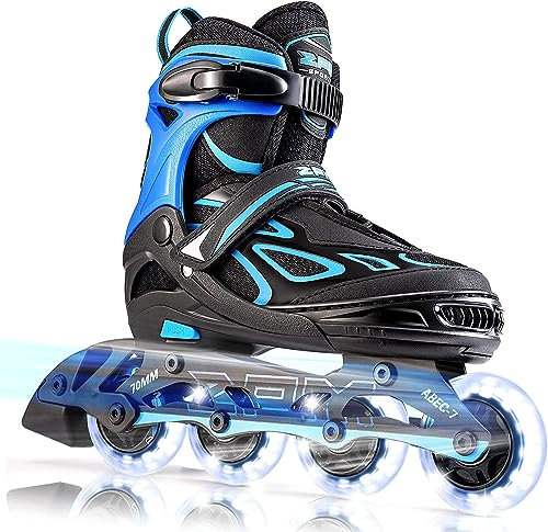 2PM SPORTS Verstellbar Inliner für Kinder Mädchen Jungen, Inline Skates Rollschuhe für Damen Herren Größe 30-33 34-37 38-41 42-44 (Blue L)