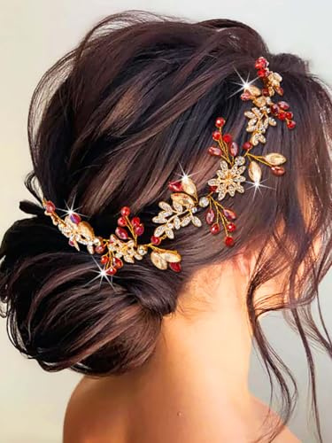 IYOU Vignes de Cheveux Mariage Cristal Serre-tête Mariée à Fleurs Rouge Bandeaux Perles à Feuilles Accessoires de Cheveux pour Mariées pour Femmes