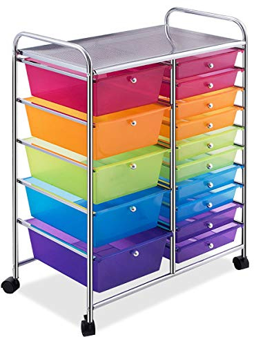 GOPLUS Rollwagen mit 15 stapelbaren Schubladen, Schubladenwagen Farbewahl, Beistellwagen Haushaltswagen Rollcontainer Badrollwagen Badtrolley Badregal (Farbig)