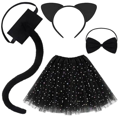EUPSIIU 4-delad kattkostym, söt katt cosplay kattunge öron katt svans fluga prinsessa tutu kjolar djur kostym fin utklädnad för barn flickor barn halloween födelsedag karneval fest kostym (svart)