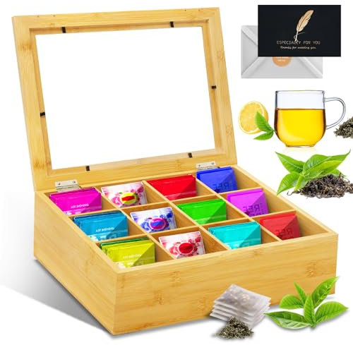 UCAMP Boîte à Thé en Bois - 12 Compartiments, 28 x 23 x 9 cm - Avec Couvercle à Fenêtre Transparente pour Conservation des Arômes
