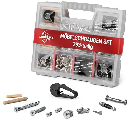 LouMaxx 293-teiliges Möbelverbinder Set – Verzinkte Möbelschrauben und Zubehör – Inkl. Holzdübel, Exzenter, Euroschrauben, Nägel – passend für IKEA Schrauben Ersatzteile