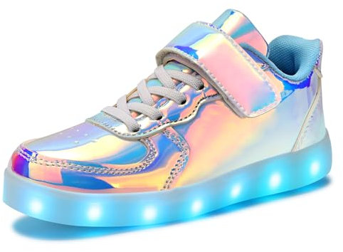 Padgene Schuhe für Kinder, Unisex Jungen Mädchen LED beleuchtete Blinkende Turnschuhe USB Aufladung Schnürschuhe für Kinder, Silber Klettverschluss, 33 EU