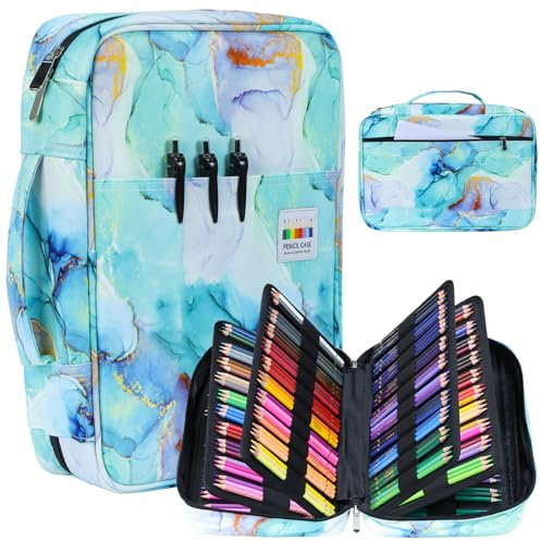 Likorlove Trousse à Crayons Grande Capacité – Étui de Rangement 300 Fentes en Tissu Oxford Imperméable avec Poignée | pour Stylos, Feutres, Pinceaux, Dessin et École (Vert)