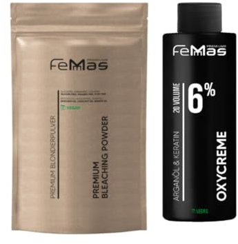 FemMas Blondier-Set: Premium Blondierpulver 100g & Oxycreme 100ml| Perfektes Starter Set für blonde Haare | für bis zu 9 Tonstufen hellere Haare in Salon Qualität (Blond, 6%)