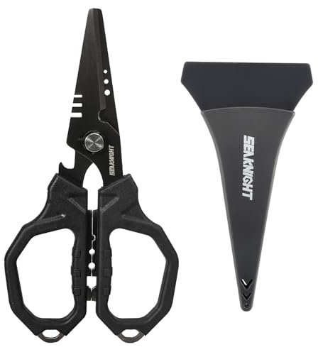 SeaKnight Angelschere, doppelt gezackte Klingen, geflochtene Angelschnurschere mit Titanbeschichtung, rutschfester Griff und Multifunktionswerkzeug, inklusive harter geformter Verriegelungsscheide,