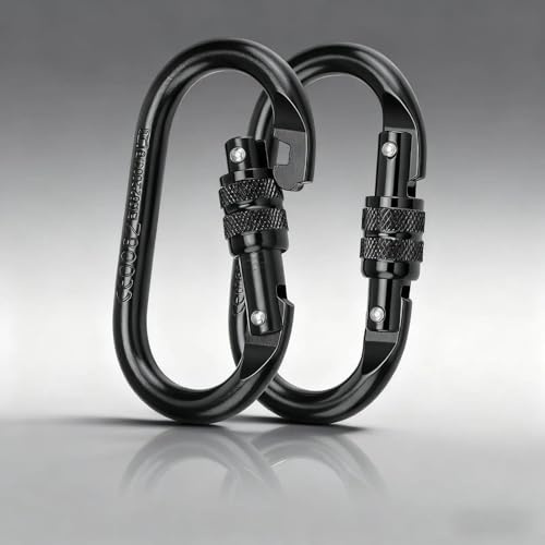 SHENGYIG Mousqueton Escalade, 2 Pièces en Acier Allié Porte Clé, 25KN （2500KG） Mousqueton Tactique, à Ressort Noir pour L'alpinisme, Balançoire, l'escalade