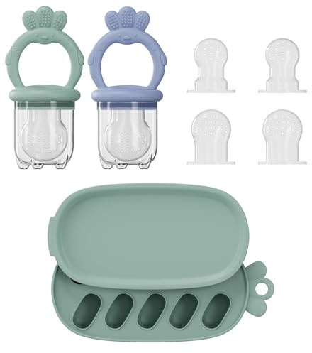 2 Pcs Baby Food Fruit Feeder with Freezer Tray Breastmilk Popsicle Molds Silicone Fruit Feeder for Self Feeding Teething Relief (Blue+Green)