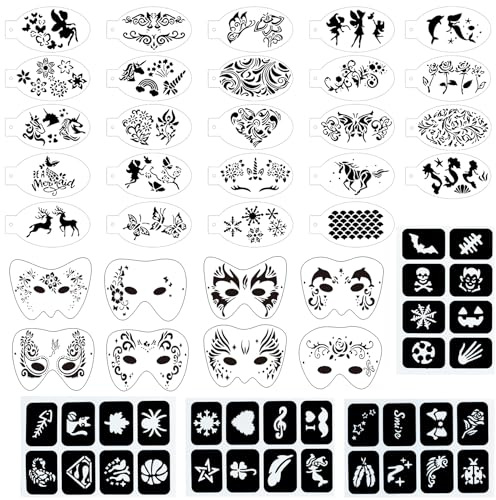 Stencil per il trucco del viso, kit da 36 pezzi, stencil riutilizzabili per tatuaggi sul viso e modelli per il trucco del corpo, ideali per il trucco delle feste di Halloween