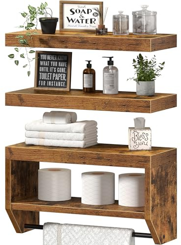 QEEIG Bathroom Floating Shelves for Wall - Shelf Over Toilet Paper Storage Farmhouse 16 inch Set of 3, Rustic Brown (028-40BN3)
