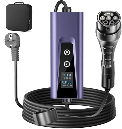 Evjuicion Cavo di ricarica auto elettrica tipo 2 Schuko 3,68 kW [1 fase, 6 m, 6 – 16 A], caricatore EV Chargers con potenza di ricarica regolabile, display digitale per ID.3/4, X1, modello Y/3, e