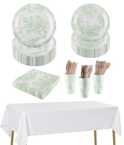 CEILIWEN Set da tavola di carta per 30 ospiti, con piatti, tazze, tovaglioli, posate e tovaglie, per un elegante tè pomeridiano, matrimonio, compleanno, 212 pezzi, verde salvia