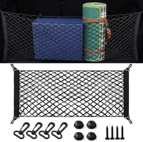 Xieesae Car Storage Net | Double Layer Cargo Net For Campervan Storage - Car Boot Organizer with 4 Heavy-Duty Hooks, 110x40cm High-Stretch Nylon Mesh Luggage Retainer