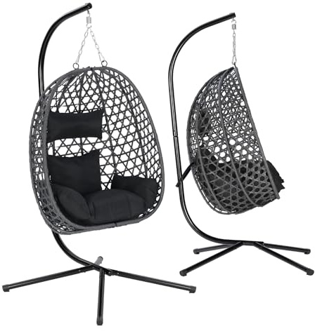 WOLTU Poltrona Sospesa a Uovo, Sedia Sospesa con Supporto in Metallo, Cuscino e Poggiatesta, Altezza Regolabile, in Rattan PE, per Giardino, Terrazza, 102x100x196 cm, Nero