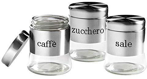 BuyStar Tris Set 3 BARATTOLI, Porta Sale, Zucchero, caffè, Set BARATTOLI in Vetro e Acciaio Inox, Tris Barattoli 750ml