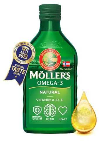 Möller's Omega 3 Lebertran | Nahrungsergänzung mit EPA, DHA, Vit A, D und E | Hochreiner natürlicher | 165 Jahre alte Marke | Superior Taste Award | Neutraler Geschmack | 250 ML