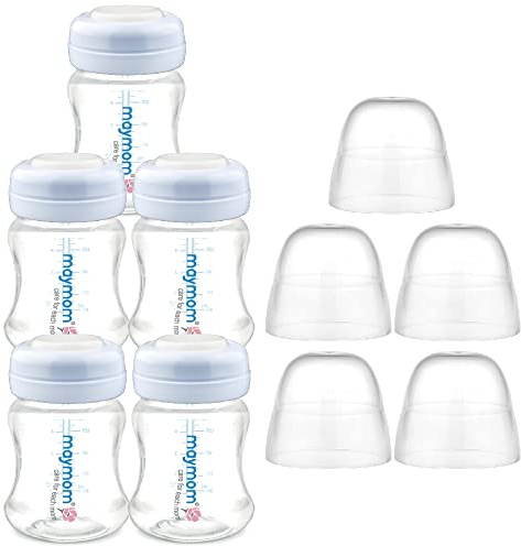 Maymom Bottiglie a Bocca Larga per Latte con Tappo a Cupola e Disco di Tenuta SureSeal Compatibili con Spectra S1 e S2, Set da 5 Pezzi 140 ml, Senza BPA, PP e Silicone
