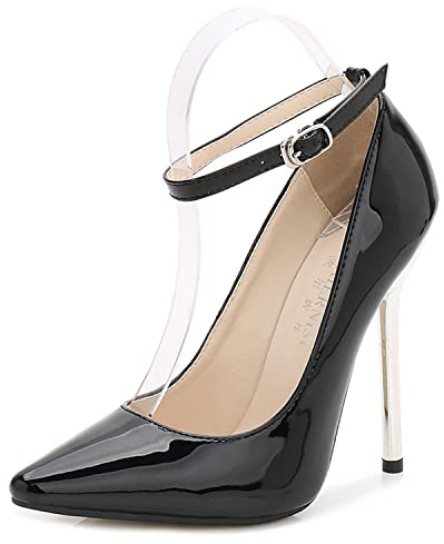 WOkismD Femmes Sexy Bout Pointu Talons Hauts avec Bride à la Cheville en Cuir Verni Escarpins Talons Aiguilles en métal à Talons habillés fête de Mariage Chaussures de Bal 5 Pouces,Noir,39