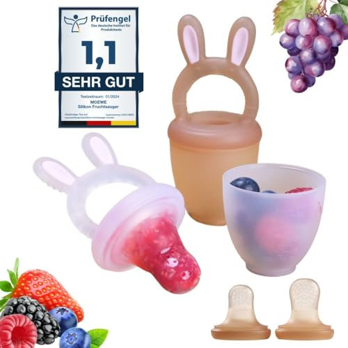 Moewe Premium Silikon Fruchtsauger 2x für Babys & Kleinkinder mit praktischer Druckfunktion | Silikon Obtschnuller S + L | BPA-frei | Zahnungshilfe | Beißring für Babys von 4-36 Monate (Caramel)