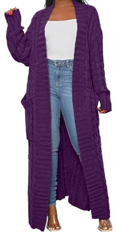 HRESSLBD Relaxed Women Cable Knit Cardigan Sweater Coats, Women's Long Cardigan Sweaters Oversized Chunky, Fall Cardigan, Floor Length Cardigan, Maternity Cardigan (Purple, L)