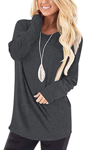 WNEEDU Långärmad t-shirt för kvinnor basic casual toppar lös tröja, Mörkgrått, S