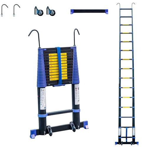 Echelle telescopique 4,4m, Aluminium, Pliable, Extensible, Multi-Fonction, Hauteur de Travail Max 5,3m, Crochets Amovibles, Garantie 5ans