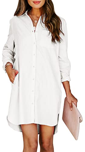 Aoudery Womens Button Down Shirt Dresses with Pockets Cotton Button Up Tunics Long Sleeve Solid High Low Blouse Tops-White-M