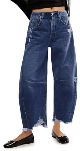 Cicy Bell, Jeans donna baggy a gamba larga stile boyfriend, taglio cropped con orlo grezzo, Navy, 42