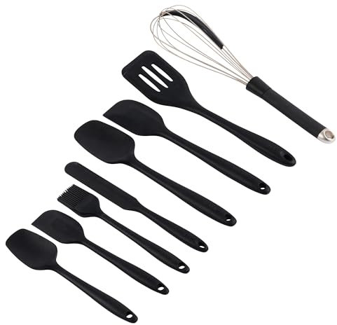 Salter Bakes Silicone Utensil Set – 8 Piece Cooking & Baking Tools, Turner, Spoons, Spatulas, Scraper, Brush, Whisk, Stain-Proof, Hanging Hooks, BPA-Free, Easy Clean, Heat Resistant, Black