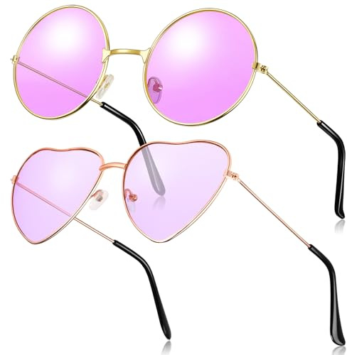 Fiada 2 Paar Hippie Sonnenbrillen Retro Damen Hippie Brillen Hippie Kostüm Sonnenbrille für Herren Damen Party Festival (Lila)