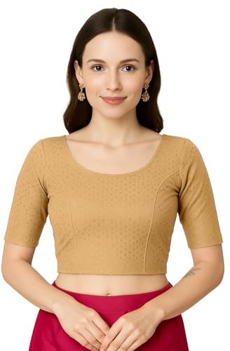 Jaanvi fashion Blusa de sari de algodón puro con cuello redondo para mujer, manga hasta el codo, dobby, lista para usar, beige, S
